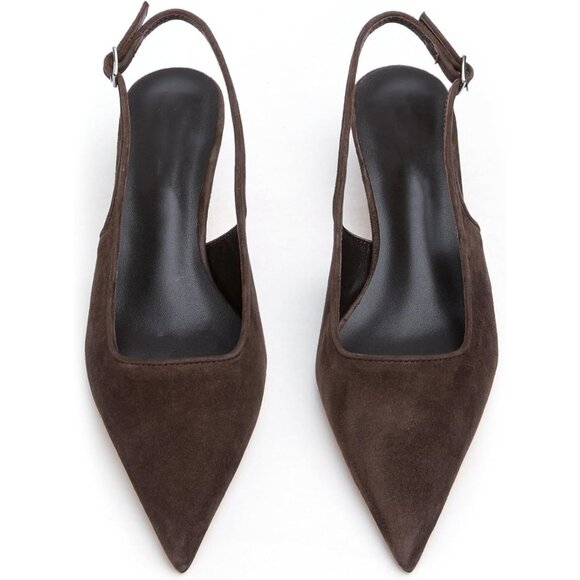 Brown Women's Slingback Kitten Closed Pointed Toe Pumps Low Heel Office Shoes - Picture 3 of 5